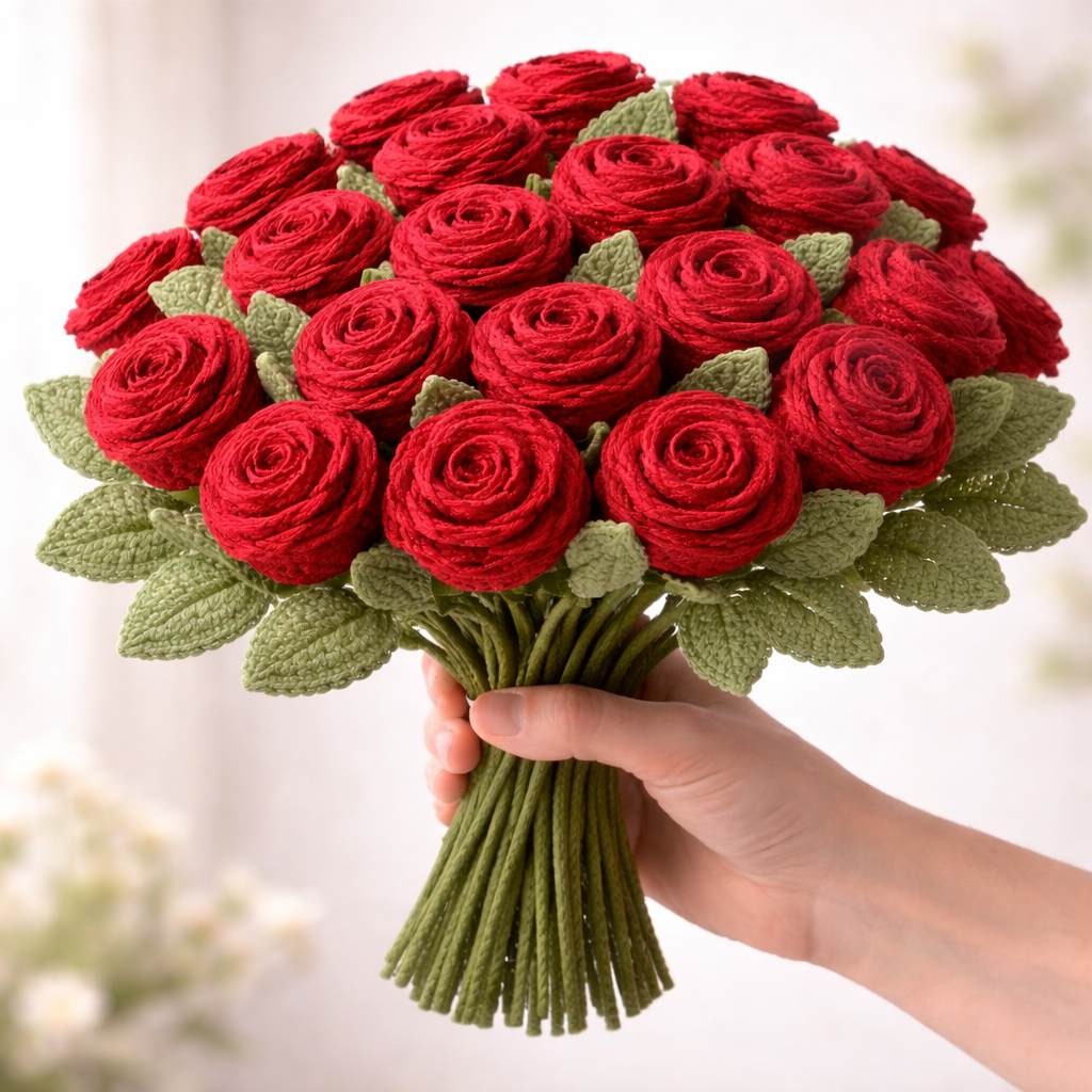 Bouquet Amour™ – Bouquet de 24 Roses en Crochet Fait Main