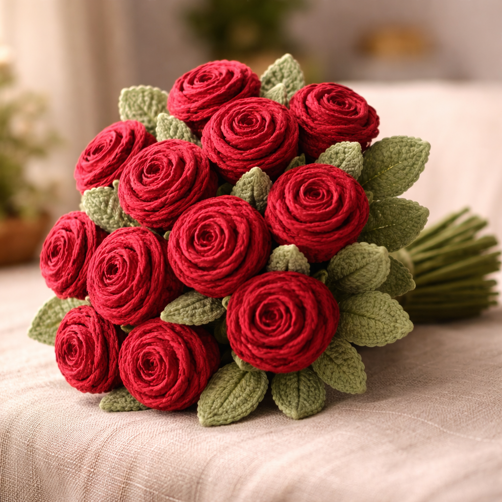 Bouquet Amour™ – Bouquet de 12 Roses en Crochet Fait Main