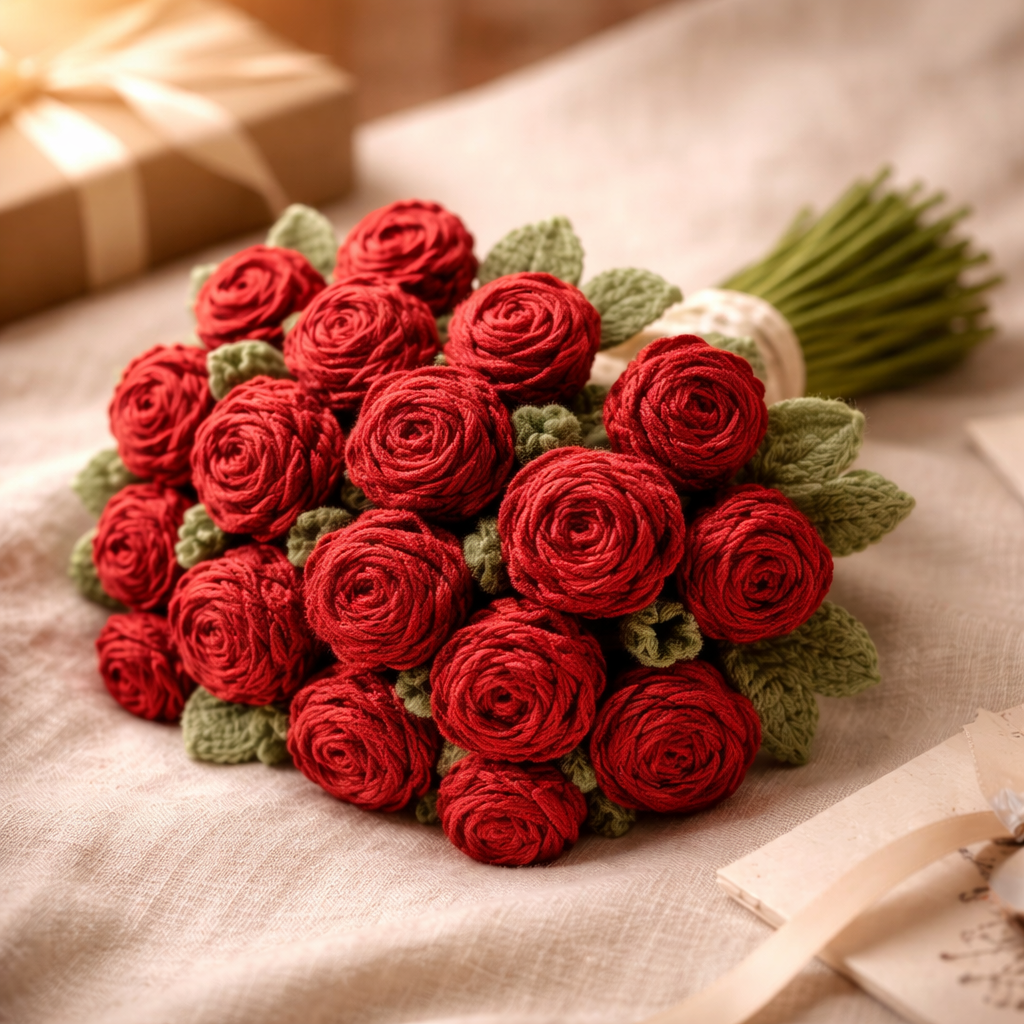 Bouquet Amour™ – Bouquet de 12 Roses en Crochet Fait Main