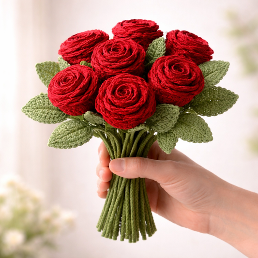 Bouquet Amour™ – Bouquet de 7 Roses en Crochet Fait Main