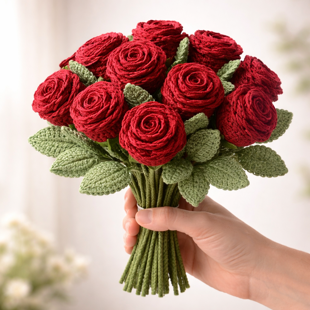 Bouquet Amour™ – Bouquet de 12 Roses en Crochet Fait Main